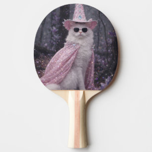 Raquete De Ping Pong Gato Mágico Feiticeiro em Capa e Chapéu Rosa Brilh
