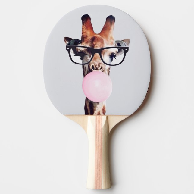 Raquete De Ping Pong Giraffe wearing glasses blowing a pink bubble gum (Frente)