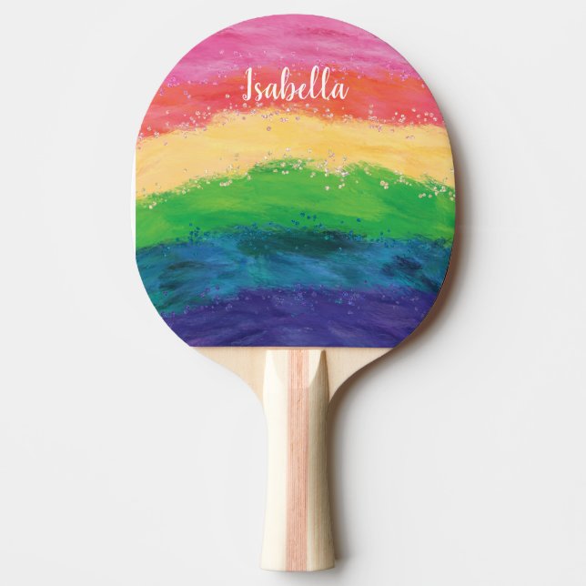 Raquete De Ping Pong Girly Glitter Rainbow Personalizado (Frente)