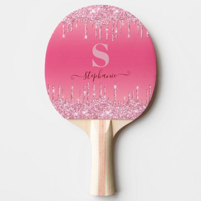 Raquete De Ping Pong Girly Pink Sparkle Glitter Monograma (Frente)