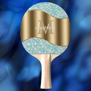 Raquete De Ping Pong Glam Diamantes em Teal, Monograma Dourado, Nome do