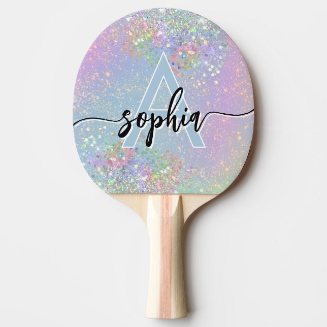 Raquete De Ping Pong Glam Holographic Glitter Monograma - Script Rosa (Frente)