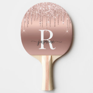 Raquete De Ping Pong Glitter Dourado Girly Rosa Monograma