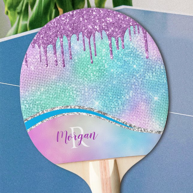 Raquete De Ping Pong Glitter Roxo, Iridescente, Nome e Monograma (Criador carregado)