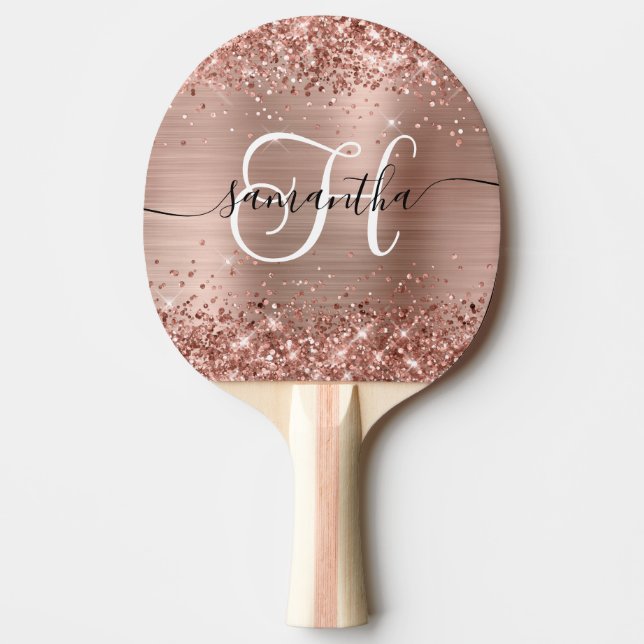 Raquete De Ping Pong Glittery Rose Gold Glam Monogrammed (Frente)