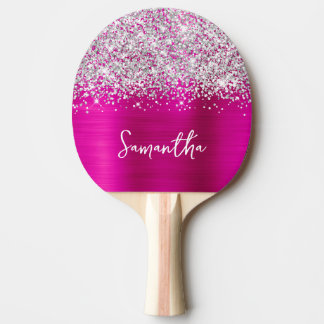 Raquete De Ping Pong Glittery Silver Hot Pink Glam Name