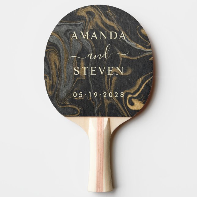 Raquete De Ping Pong Gold Black Marble Couple Names with Wedding Date (Verso)