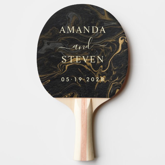 Raquete De Ping Pong Gold Black Marble Couple Names with Wedding Date (Verso)