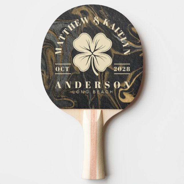 Raquete De Ping Pong Gold Black Marble Irish Lucky Clover Wedding Crest (Frente)