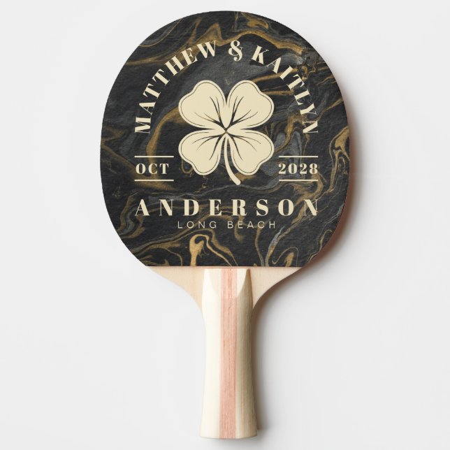 Raquete De Ping Pong Gold Black Marble Irish Lucky Clover Wedding Crest (Frente)