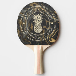 Raquete De Ping Pong Gold Black Marble Pineapple Wedding Crest & Names