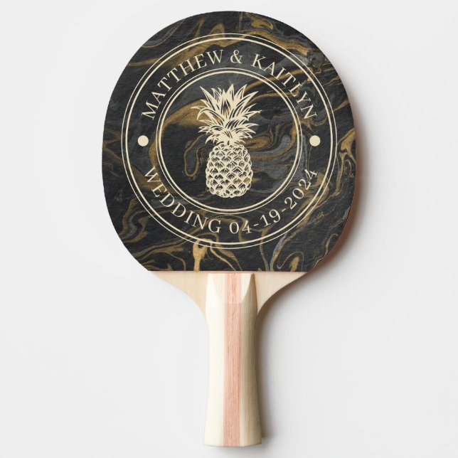 Raquete De Ping Pong Gold Black Marble Pineapple Wedding Crest & Names (Frente)