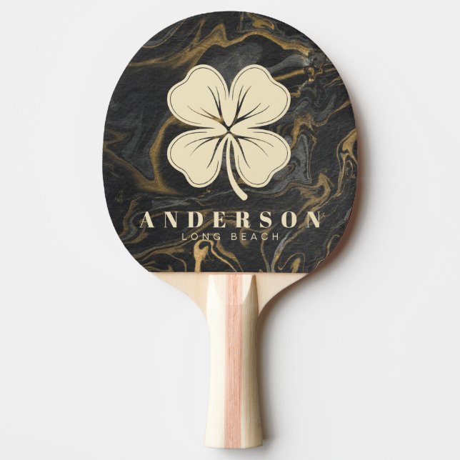 Raquete De Ping Pong Gold Black Marble Swirl Four Leaf Clover with Name (Frente)