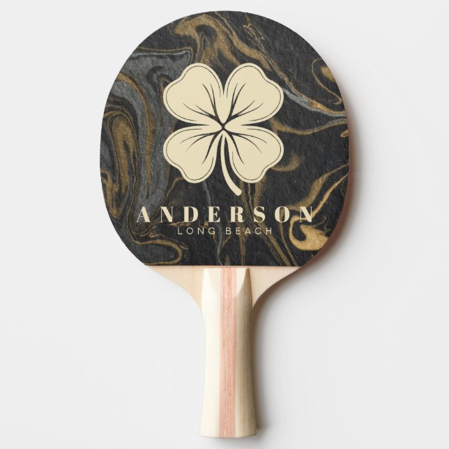 Raquete De Ping Pong Gold Black Marble Swirl Four Leaf Clover with Name (Frente)