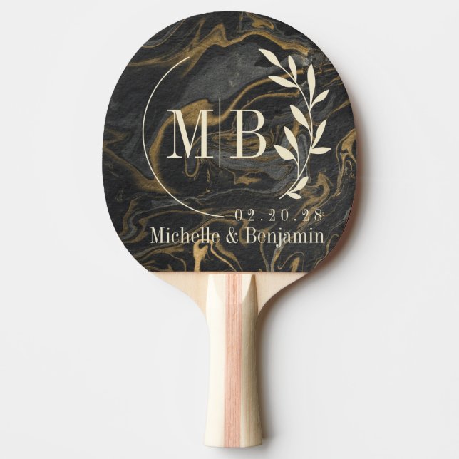 Raquete De Ping Pong Gold Black Marble Swirl Leaf Wedding Monogram (Frente)