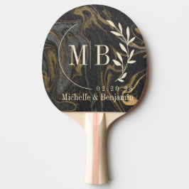 Raquete De Ping Pong Gold Black Marble Swirl Leaf Wedding Monogram