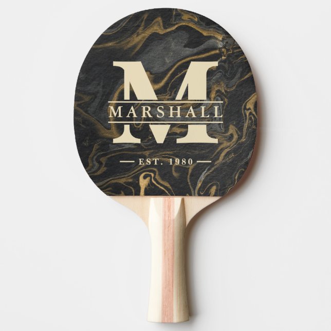 Raquete De Ping Pong Gold Black Marble Swirl Monogram & Name Overlay (Frente)