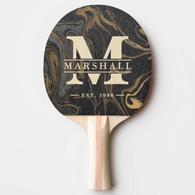 Raquete De Ping Pong Gold Black Marble Swirl Monogram & Name Overlay (Frente)