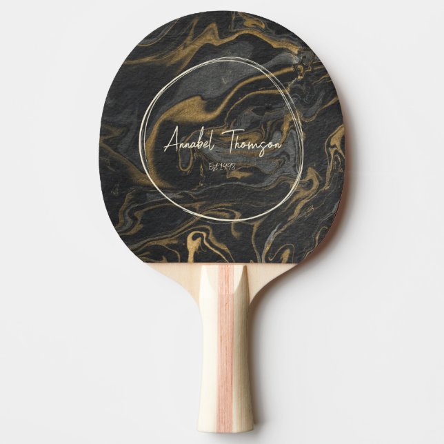 Raquete De Ping Pong Gold Black Marble Swirl Name in Drawn Circle  (Frente)