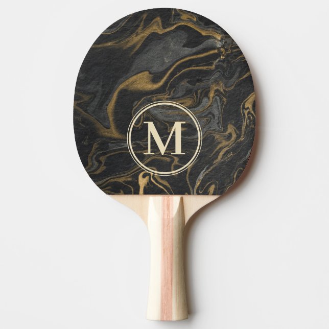 Raquete De Ping Pong Gold Black Marble Swirl Stone Monogram (Frente)