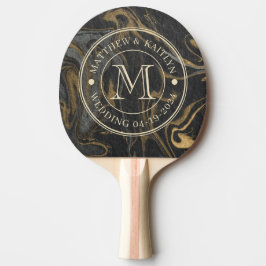 Raquete De Ping Pong Gold Black Marble Swirl Stone Wedding Monogram