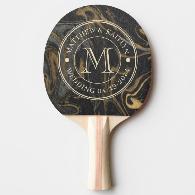 Raquete De Ping Pong Gold Black Marble Swirl Stone Wedding Monogram (Frente)