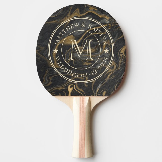 Raquete De Ping Pong Gold Black Marble Swirl Wedding Monogram Star (Frente)