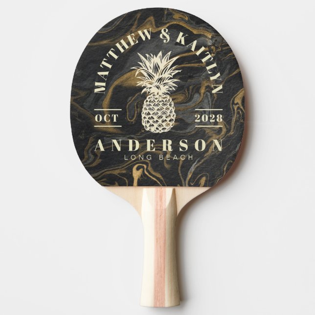 Raquete De Ping Pong Gold Black Marble Tropical Pineapple Wedding Crest (Frente)