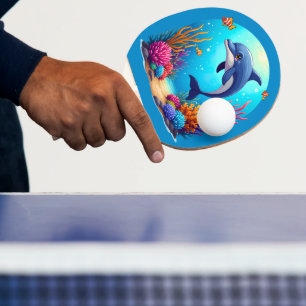 Raquete De Ping Pong Golfinho Whimsical em recife de coral vibrante