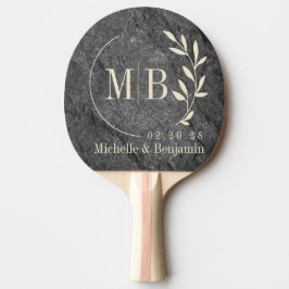 Raquete De Ping Pong Granito Escuro Moderno Monograma de Noiva com Folh