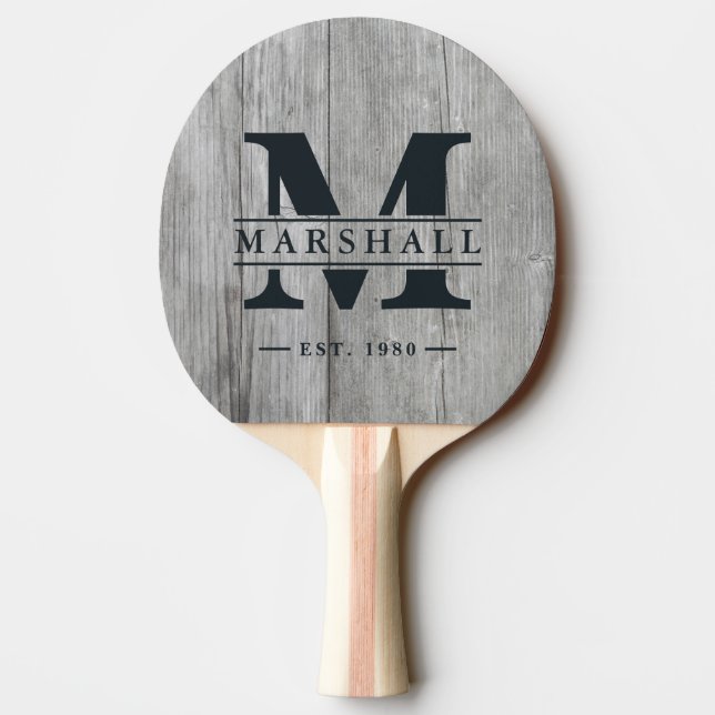 Raquete De Ping Pong Gray Timber Monogram & Name Overlay (Verso)