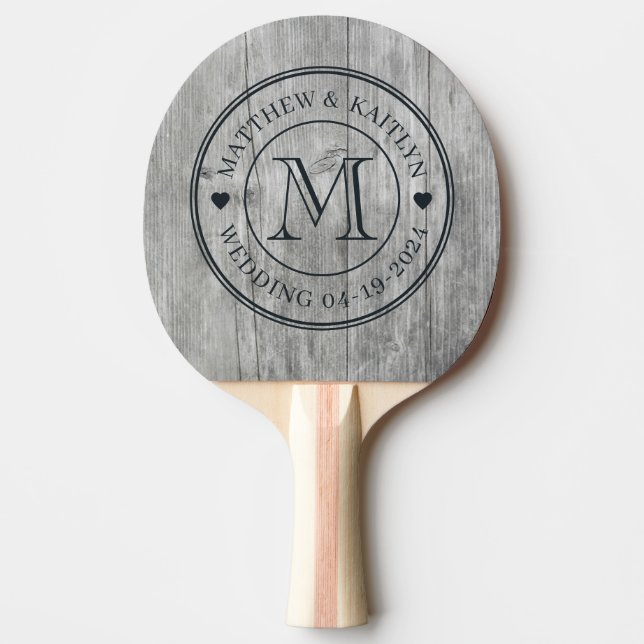 Raquete De Ping Pong Gray Timber Wedding Monogram Heart (Frente)