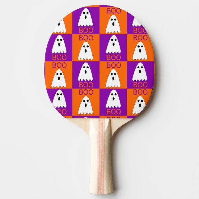Raquete De Ping Pong Halloween Boo Ghost Purple e Orange Squares (Frente)