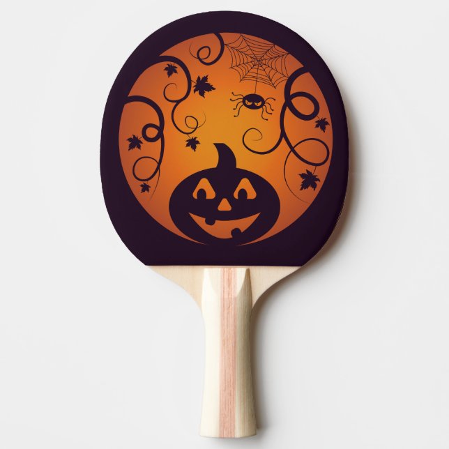 Raquete De Ping Pong Halloween Jack ou lanterna abóbora face e aranha (Frente)