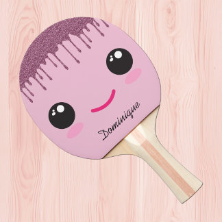 Raquete De Ping Pong Happy Kawaii Face Faux Glitter Customizable Name