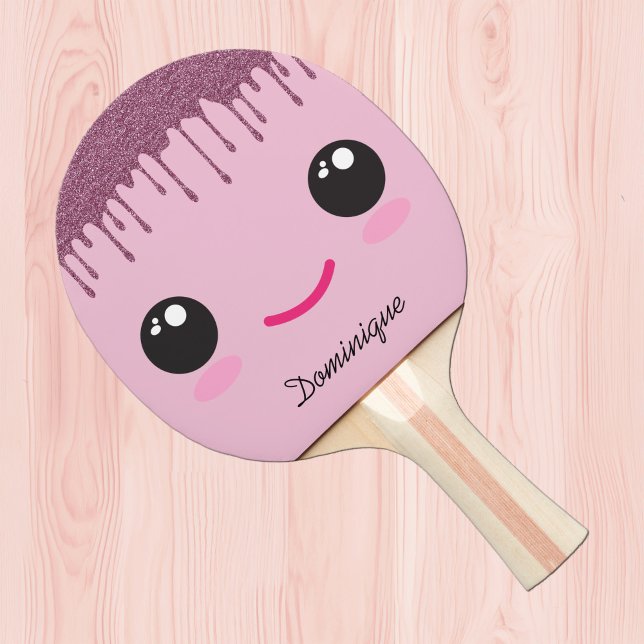 Raquete De Ping Pong Happy Kawaii Face Faux Glitter Customizable Name  (Criador carregado)
