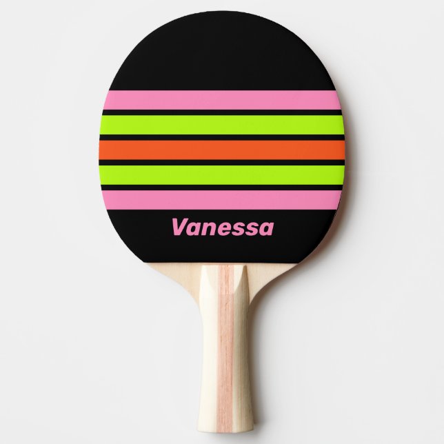 Raquete De Ping Pong HI-VIS and Pink Across Striping with Name (Frente)