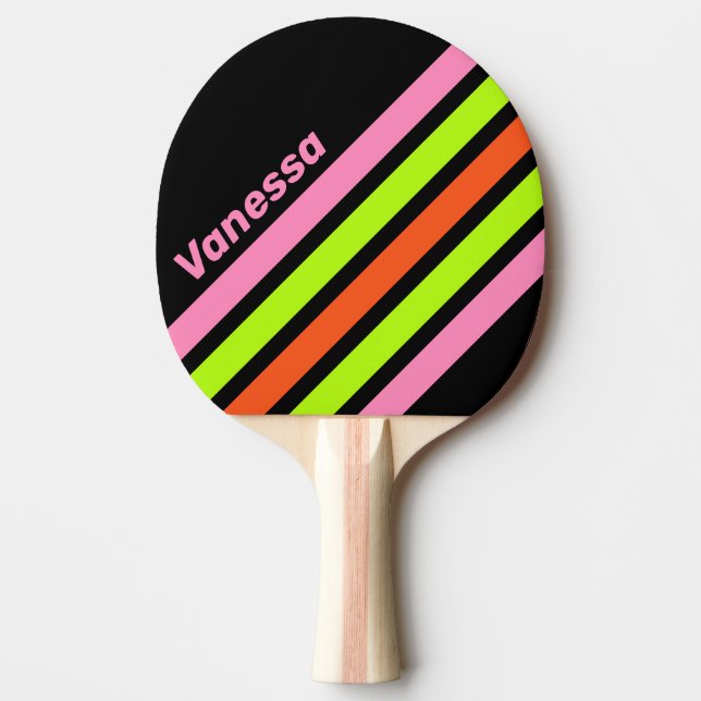 Raquete De Ping Pong HI-VIS and Pink Angled Striping with Name (Frente)