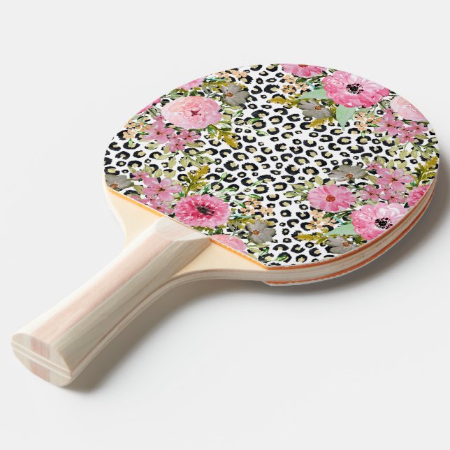 Raquete De Ping Pong Impressão Leopardo Elegante e Design Floral (Frente inclinada)