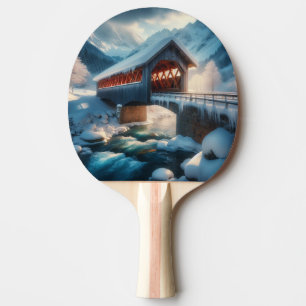 Raquete De Ping Pong Inverno, ponte coberta por neve e rio