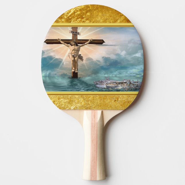 Raquete De Ping Pong Jesus que pendura de uma cruz cristã da (Frente)