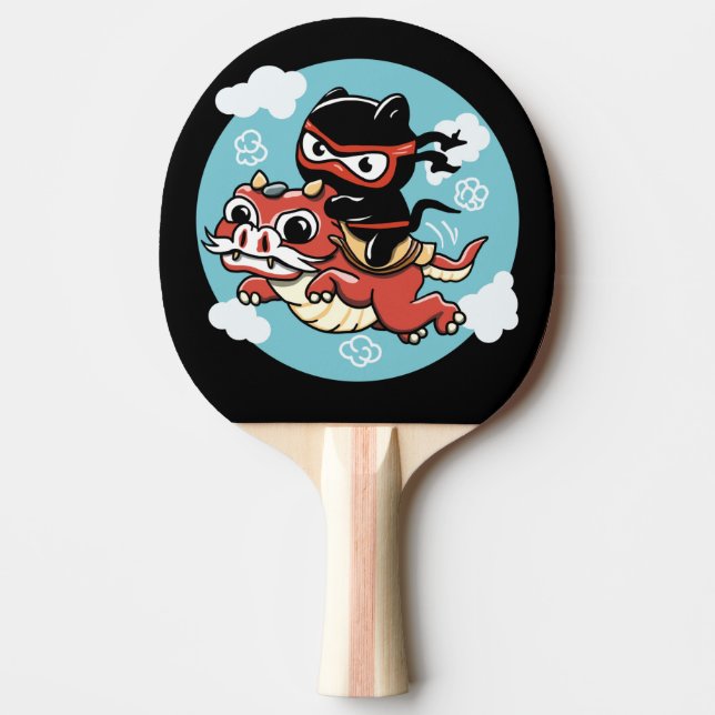 Raquete De Ping Pong Kawaii Ninja Cat Andando um Dragão Vermelho (Frente)