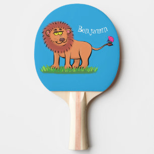 Raquete De Ping Pong Leão feliz com ilustração de desenho animado de