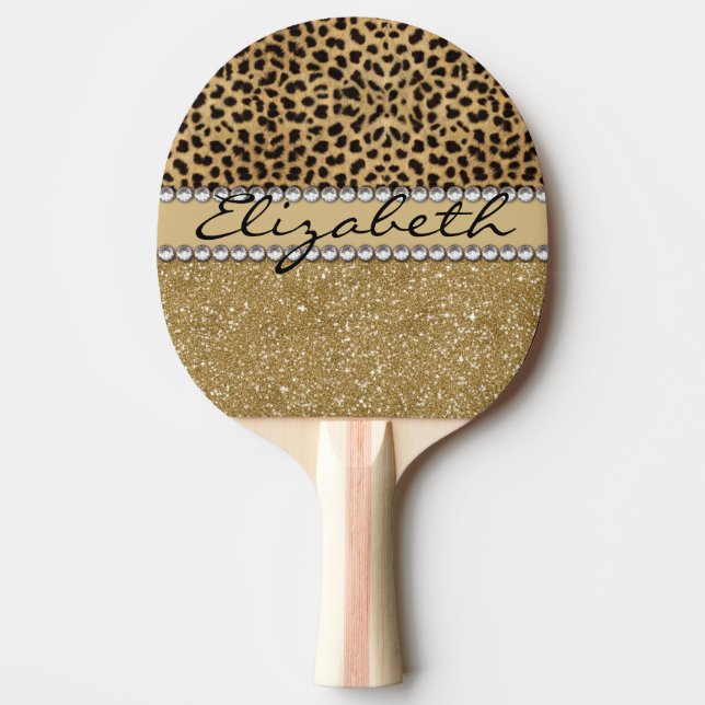 Raquete De Ping Pong Leopard Spot, Dourado, Glitter Rhinestone PHOTO IM (Frente)