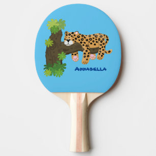 Raquete De Ping Pong Leopardo bonito dormindo em desenho animado de árv