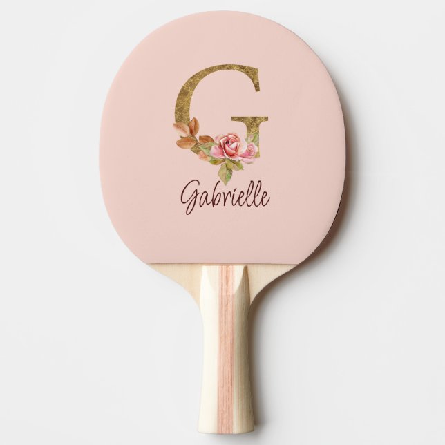 Raquete De Ping Pong Letra Personalizada G Dourado Folha Rosa Bege Rosa (Frente)