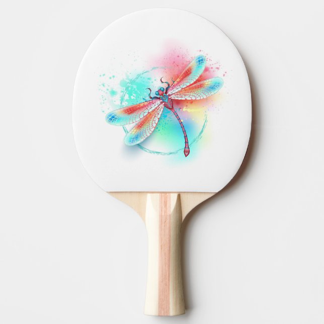Raquete De Ping Pong libélula vermelha sobre fundo de aquarela (Frente)