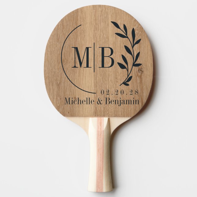 Raquete De Ping Pong Light Teak Wood Leaf Wedding Monogram (Verso)