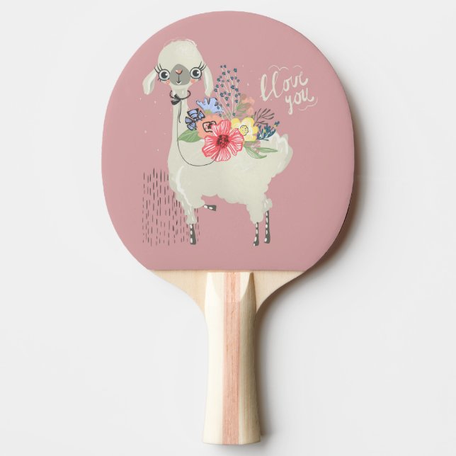 Raquete De Ping Pong Linda Branca Moderna Floral Lama Eu Te Amo (Frente)