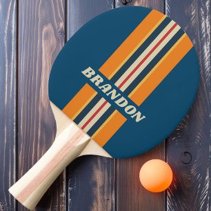 Raquete De Ping Pong Listra de Rali Arco-íris Azul Vintage com Nome
